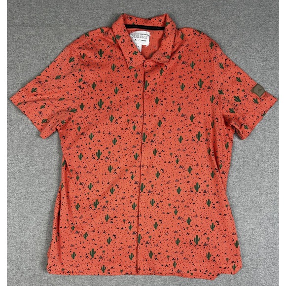 Adidas Adicross Shirt Mens XL Orange Cactus Print Golf Short Sleeve Button Front - Picture 1 of 8